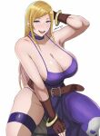  1girl bare_shoulders belt blonde_hair blue_eyes bracelet breasts cleavage collarbone dress fingerless_gloves gloves highres jenet_behrn jewelry large_breasts lipstick long_hair looking_at_viewer makeup open_mouth purple_dress red_belt red_gloves shibusun shiny shiny_skin skull_print solo teeth the_king_of_fighters thigh_strap 
