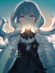  1girl backlighting bangs black_dress blush crying crying_with_eyes_open dress eyebrows_visible_through_hair grey_hair highres looking_at_viewer nagikiho nijisanji nijisanji_en parted_lips pink_eyes purple_eyes reflection reimu_endou ripples solo sunrise tears virtual_youtuber water 