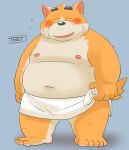  2022 anthro belly black_nose blush canid canine eyes_closed fox humanoid_hands kemono male mammal moobs navel nipples overweight overweight_male simple_background solo toshi_(artist) towel 