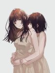  2girls bare_shoulders beige_dress breasts brown_eyes brown_hair closed_eyes closed_mouth dress fly_(marguerite) highres holding_person long_hair looking_to_the_side medium_breasts medium_hair multiple_girls original white_background yuri 