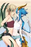  2:3 animal_humanoid blue_body blue_hair blue_scales breasts clothed clothing dragon dragon_humanoid female female/female hair hand_on_hip hi_res humanoid lindaroze_(artist) membrane_(anatomy) membranous_wings monster_girl_(genre) monster_musume scales small_breasts tomboy wings 