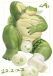  absurd_res animal_genitalia anthro belly cai1448331577 chubby_male cloaca egg genitals green_body green_skin hi_res male overweight overweight_male oviposition reptile scalie solo tattoo 