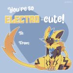  &lt;3 alistorial ambiguous_gender anthro blue_eyes claws cute_fangs digital_media_(artwork) felid fur hi_res holidays legendary_pok&eacute;mon looking_at_viewer mammal nintendo pok&eacute;mon pok&eacute;mon_(species) simple_background sitting solo valentine&#039;s_day valentines_day_card video_games watermark yellow_body yellow_fur zeraora 