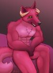  absurd_res adra(artist) anthro bed body_hair canid canine canis chest_hair fur furniture hands_between_legs hi_res horn hybrid looking_at_viewer male mammal maverick(adra) nipples nude sitting smile solo wolf 