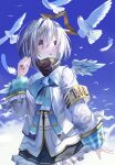  1girl absurdres amane_kanata angel_wings armband bangs bird black_skirt blue_bow blue_bowtie blue_hair blue_sky bow bowtie dove english_commentary feathered_wings feathers frilled_skirt frills fudepenbrushpen hair_over_one_eye hand_up highres hololive jacket long_sleeves looking_away multicolored_hair parted_lips pink_hair purple_eyes simple_background skirt sky solo streaked_hair turtleneck virtual_youtuber white_jacket wings 