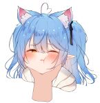  1girl ;t absurdres ahoge animal_ear_fluff animal_ears bangs black_ribbon blue_hair blush cat_ears chessy extra_ears grabbing_another&#039;s_chin hair_between_eyes hair_ribbon hand_on_another&#039;s_chin heart_ahoge highres hololive long_hair looking_at_viewer one_eye_closed pointy_ears ribbon solo_focus two_side_up virtual_youtuber yellow_eyes yukihana_lamy 