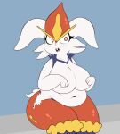  2022 airsicksubset anthro big_breasts blush breasts chubby_anthro chubby_female cinderace covering covering_breasts female fur hi_res nintendo nude open_mouth pok&eacute;mon pok&eacute;mon_(species) red_eyes simple_background sitting slightly_chubby solo thick_thighs video_games white_body white_fur 