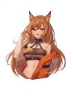  1girl 22_(dbq) :d absurdres animal_ears arknights bangs bare_shoulders breasts brown_hair ceobe_(arknights) ceobe_(summer_flowers)_(arknights) commentary_request dog_ears hair_between_eyes hand_up highres jacket large_breasts long_hair looking_at_viewer navel off_shoulder orange_eyes orange_jacket simple_background smile solo stomach white_background 