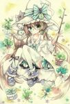  1girl bare_shoulders book bow branch brown_hair cat footwear_ribbon glasses green_bow green_eyes green_skirt hair_bow hat holding holding_book holding_branch low_twintails moyo_(k1rakira) original plant radish skirt striped striped_bow thighhighs twintails white_legwear witch_hat zettai_ryouiki 