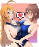  2girls band_(skymole01) bangs black_swimsuit blue_swimsuit blush breast_press breasts brown_eyes brown_hair cleavage closed_mouth commentary_request competition_swimsuit eyebrows_visible_through_hair green_eyes heart highres holding_hands large_breasts long_hair multiple_girls one-piece_swimsuit open_mouth pecorine_(princess_connect!) princess_connect! school_swimsuit short_hair sideboob smile swimsuit symmetrical_docking yui_(princess_connect!) 