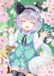  1girl :d ^_^ absurdres bench black_bow black_bowtie black_hairband black_legwear bow bowtie buttons cherry_blossoms closed_eyes collared_shirt eyebrows_visible_through_hair flower ghost grass green_skirt green_vest grey_hair hairband highres konpaku_youmu konpaku_youmu_(ghost) long_sleeves open_mouth outdoors petals pink_flower reimei_(r758120518) shirt short_hair sitting skirt skirt_set smile solo thighhighs touhou vest white_shirt 