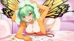  1girl antennae artist_request bed blush breasts butterfly_girl chiton compound_eyes extra_arms eyebrows_visible_through_hair flare_(monster_musume) game_cg green_hair indoors insect_wings large_breasts leaning_forward medium_hair monster_musume_no_iru_nichijou monster_musume_no_iru_nichijou_online official_art open_mouth orange_tank_top partially_undressed pillow solo tank_top towel towel_on_head wet wings yellow_eyes 