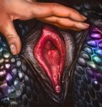  2022 ambiguous_form atra_(red-izak) black_body black_scales clitoris crotch_shot detailed detailed_scales disembodied_hand dragon duo female genital_focus genitals human male male/female mammal pussy pussy_focus red-izak scales scalie shaded spread_pussy spreading watermark western_dragon 