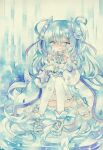  1girl blue_bow blue_eyes blue_hair blue_theme blush bow crying crying_with_eyes_open dress hand_on_own_face hatsune_miku long_hair moyo_(k1rakira) painting_(medium) puffy_sleeves simple_background tears thighhighs traditional_media twintails very_long_hair vocaloid watercolor_(medium) white_legwear zettai_ryouiki 