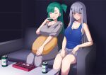  2girls alternate_costume beer_can blush box box_of_chocolates breasts can chocolate cleavage closed_eyes couch cushion eating embarrassed eyebrows_visible_through_hair eyes_visible_through_hair g28_(girls&#039;_frontline) girls&#039;_frontline green_hair hk416_(girls&#039;_frontline) krs_(karasu) large_breasts multiple_girls siblings sisters smile 