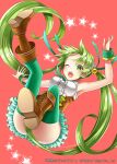  1girl armpits ass boots breasts brown_footwear copyright_name falling forehead green_eyes green_hair green_legwear hair_censor long_hair official_art one_eye_closed open_mouth red_background shinkai_no_valkyrie simple_background sleeveless solo star_(symbol) thighhighs twintails very_long_hair yoshino35 