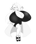  angelthecatgirl anklet anthro big_breasts bovid bovine breasts clothing dress eye_through_hair female hair half-closed_eyes hi_res high_heels huge_breasts hyper hyper_breasts jewelry looking_at_viewer mammal mekana monochrome narrowed_eyes open_mouth red_eyes solo translucent translucent_hair zipper 