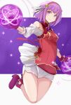  1girl asamiya_athena ass_visible_through_thighs bare_shoulders blush boots breasts closed_mouth detached_sleeves energy energy_ball fingerless_gloves full_body gloves hairband highres jumping long_sleeves looking_at_viewer medium_breasts okosan_(pixiv) purple_eyes purple_hair red_hairband short_hair shorts smile solo star_(symbol) the_king_of_fighters the_king_of_fighters_xv thigh_gap white_shorts 
