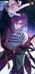  1boy absurdres arm_up black_nails blurry blurry_background eyelashes fingernails glint grey_hoodie hair_between_eyes highres hood hoodie kiki_(re_6xxx) long_eyelashes looking_at_viewer male_focus mole mole_on_neck nijisanji nijisanji_en o-ring parted_lips pointing pointing_up purple_eyes purple_hair sleeves_past_wrists smile solo star_(sky) teeth uki_violeta 