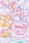  1girl blue_bow blush bow braid chibi collared_dress dress food heart holding macaron moyo_(k1rakira) original painting_(medium) pastel_colors pink_bow pink_hair purple_bow purple_eyes standing_on_object star_(symbol) traditional_media watercolor_(medium) white_legwear 