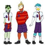  anthro anthrofied bottomwear clothed clothing footwear fuecoco fully_clothed fuze group hi_res male necktie nintendo pok&eacute;mon pok&eacute;mon_(species) pok&eacute;morph quaxly shirt shoes shorts simple_background socks sprigatito sweater topwear trio video_games white_background 