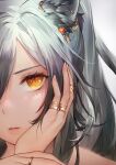  1girl absurdres animal_ears arknights cat_ears charles_(106858) close-up ear_piercing hair_over_one_eye hand_on_own_cheek hand_on_own_face heart highres jewelry lips long_hair looking_at_viewer multiple_rings orange_eyes parted_lips piercing ponytail portrait ring schwarz_(arknights) silver_hair simple_background solo white_background 