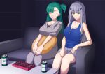  2girls alternate_costume beer_can box box_of_chocolates breasts can chocolate cleavage closed_eyes couch cushion eyebrows_visible_through_hair eyes_visible_through_hair g28_(girls&#039;_frontline) girls&#039;_frontline green_hair hk416_(girls&#039;_frontline) krs_(karasu) large_breasts multiple_girls shorts siblings silver_hair sisters table watching_television 