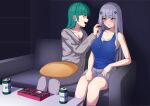  2girls alternate_costume beer_can blush box box_of_chocolates breasts can chocolate cleavage closed_eyes couch cushion eyebrows_visible_through_hair eyes_visible_through_hair feeding g28_(girls&#039;_frontline) girls&#039;_frontline green_eyes green_hair hk416_(girls&#039;_frontline) krs_(karasu) large_breasts multiple_girls red_eyes siblings silver_hair sisters sweatdrop 