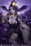  1girl armlet ass black_hair bottomless bracelet breasts cleavage colored_skin crown grey_skin hades_(game) highres huge_breasts jewelry looking_at_viewer luminyu mature_female nyx_(hades) skull_necklace sparkle thighs yellow_eyes 