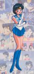  1990s_(style) 1girl absurdres back_bow ball bishoujo_senshi_sailor_moon blue_choker blue_eyes blue_footwear blue_hair blue_skirt boots bow cat choker full_body gym_uniform hat highres hino_rei holding holding_ball index_finger_raised inner_senshi knee_boots leotard luna_(sailor_moon) magical_girl miniskirt mizuno_ami multiple_views non-web_source official_art open_mouth pleated_skirt retro_artstyle sailor_mercury sailor_senshi scan school_uniform short_hair skirt solo swimsuit tiara 