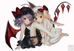  2girls alternate_costume arm_support ass bangs barefoot bat_wings black_headwear blonde_hair bow breasts cleavage commentary crystal duplicate eyebrows_visible_through_hair finger_to_mouth flandre_scarlet frills full_body hair_between_eyes hair_bow hat leg_garter light_blush looking_at_viewer medium_breasts medium_hair mob_cap mochacot multiple_girls nail_polish one_side_up parted_lips pixel-perfect_duplicate pointy_ears purple_hair red_bow red_eyes red_nails remilia_scarlet shushing siblings simple_background sisters slit_pupils toes touhou white_background white_headwear wings wrist_cuffs 