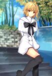  1girl absurdres alternate_costume antenna_hair arcueid_brunestud arms_behind_back black_bow black_footwear blonde_hair blue_sky boots bow bowtie buttons capelet closed_mouth cloud commentary_request day dress eyebrows_visible_through_hair fur-trimmed_capelet fur_trim highres iro_(sekaixiro) long_sleeves looking_at_viewer official_alternate_costume outdoors red_eyes short_hair single_hair_intake sky smile solo thighhighs tree tsukihime tsukihime_(remake) turtleneck white_capelet white_dress 