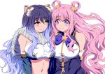  2girls alternate_breast_size animal_ear_fluff animal_ears bandeau bangs bare_shoulders black_hair blush bow bowtie breasts capelet closed_mouth commentary detached_sleeves eyebrows_visible_through_hair fur_capelet gauntlets gradient_hair green_sleeves hair_between_eyes hair_ornament hair_rings hatsune_(princess_connect!) highres large_breasts long_hair looking_at_another mamiyama midriff multicolored_hair multiple_girls navel pink_hair pointy_ears princess_connect! purple_bow purple_bowtie purple_eyes purple_hair purple_sleeves purple_vest shiori_(princess_connect!) shirt siblings side-by-side sidelocks simple_background sisters sleeveless sleeveless_shirt smile standing star_(symbol) star_hair_ornament taut_clothes tiger_ears two_side_up upper_body vest white_background white_bandeau white_shirt yellow_eyes 