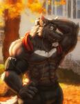  abs anthro biceps big_muscles black_body black_fur bulge bullstorm canid canine canis fangs fur headphones looking_at_viewer male mammal muscular muscular_anthro muscular_male pecs silver_fang solo wolf yellow_eyes 