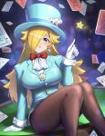  1girl blonde_hair blue_eyes blue_headwear bow bowtie brown_legwear burnt_green_tea card dice_earrings earrings gloves hair_over_one_eye hat highres jewelry legs long_hair long_sleeves mario_(series) pantyhose playing_card poker_table red_bow red_bowtie rosalina sitting sleeve_cuffs solo super_mario_galaxy tailcoat top_hat wand white_gloves 