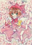  1girl blush bow brown_hair cardcaptor_sakura cherry_blossoms dress fuuin_no_tsue gloves green_eyes hat kero kinomoto_sakura looking_at_viewer magical_girl moyo_(k1rakira) open_mouth painting_(medium) pink_dress red_bow short_hair short_sleeves smile traditional_media wand watercolor_(medium) 