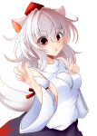  1girl :o animal_ears bangs bare_shoulders black_skirt breasts highres inubashiri_momiji looking_at_viewer muumuu_(sirufuruteienn) one-hour_drawing_challenge open_mouth red_eyes shirt short_hair simple_background skirt solo tail touhou white_background white_hair white_shirt white_sleeves wolf_ears wolf_girl wolf_tail 