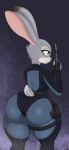  absurd_res anthro big_butt butt clothed clothing disney female gun hi_res holding_gun holding_object holding_weapon judy_hopps lagomorph leporid mammal rabbit ranged_weapon solo weapon wolfmask zootopia 