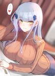  ... 10eki_(tenchou) 1girl absurdres bangs blunt_bangs blurry blurry_background blush book breast_rest breasts brown_sweater casual closed_mouth covered_nipples dutch_angle eyebrows_visible_through_hair eyes_visible_through_hair facial_mark girls&#039;_frontline green_eyes hair_ornament hand_on_head heart highres hk416_(girls&#039;_frontline) impossible_clothes impossible_sweater indoors large_breasts light_blue_hair long_hair long_sleeves looking_at_viewer lying on_stomach ribbed_sweater sidelocks silver_hair skirt smile solo speech_bubble spoken_ellipsis spoken_heart sweater teardrop teardrop_facial_mark teardrop_tattoo turtleneck turtleneck_sweater x_hair_ornament 