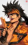  1boy artist_name bara black_hair blue_eyes gloves guilty_gear guilty_gear_strive headband jacket long_hair looking_at_viewer male_focus muscular muscular_male na_insoo pectorals saliva sol_badguy solo spiked_hair tight tongue tongue_out 