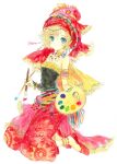  1girl anklet bare_shoulders blonde_hair blue_eyes bracelet eyebrows_visible_through_hair final_fantasy final_fantasy_vi holding holding_paintbrush jewelry paintbrush palette_(object) pants red_footwear red_headwear red_pants relm_arrowny strapless takanashi_tsubasa 