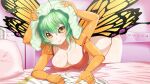  1girl antennae artist_request bed breasts butterfly_girl chiton cleavage compound_eyes extra_arms eyebrows_visible_through_hair flare_(monster_musume) game_cg green_hair indoors insect_wings large_breasts leaning_forward medium_hair monster_musume_no_iru_nichijou monster_musume_no_iru_nichijou_online official_art orange_tank_top pillow solo tank_top towel towel_on_head wet wings yellow_eyes 