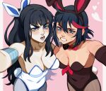  2girls absurdres animal_ears asymmetrical_docking bangs bare_shoulders black_hair black_leotard blue_eyes blue_hair blush bow bowtie breast_press breasts breasts_apart brown_legwear cleavage clenched_teeth collarbone commentary detached_collar english_commentary eyebrows_visible_through_hair fake_animal_ears fake_tail furrowed_brow hair_between_eyes heart highres kill_la_kill kiryuuin_satsuki large_breasts leotard long_hair looking_at_viewer matoi_ryuuko medium_breasts multicolored_hair multiple_girls nose open_mouth pale_skin pantyhose pillarboxed pink_background playboy_bunny porqueloin rabbit_ears rabbit_tail red_bow selfie sharp_teeth shiny shiny_skin short_hair siblings sidelocks sisters smile strapless strapless_leotard streaked_hair tail teeth thick_eyebrows very_long_hair white_leotard 