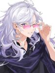  1boy absurdres black_shirt commentary earrings fate/grand_order fate_(series) glasses highres jewelry long_hair looking_at_viewer male_focus merlin_(camelot_&amp;_co)_(fate) merlin_(fate) purple_eyes scarf shirt sigm simple_background smile solo teeth twitter_username upper_body very_long_hair white_background white_hair 
