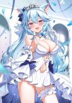  1girl :d ahoge animal_ear_fluff animal_ears bare_shoulders blue_eyes blue_hair bow breasts cat_ears choker cleavage clothing_cutout contrapposto cowboy_shot dress elbow_gloves frilled_dress frills gloves hair_bow hand_up highres indie_virtual_youtuber kanase_ito large_breasts leg_garter long_hair looking_at_viewer navel_cutout no_bra petals satoupote sleeveless sleeveless_dress smile solo spaghetti_strap standing thighs tiara virtual_youtuber white_bow white_choker white_dress white_gloves 