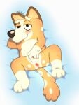  absurd_res anthro australian_cattle_dog bluey_(series) blush bodily_fluids body_pillow canid canine canis cattledog chilli_heeler dakimakura_design dakimakura_pillow dakimakura_pose dakimakura_style digital_media_(artwork) domestic_dog female front_view genitals half-closed_eyes herding_dog hi_res jirafona looking_at_viewer mammal multicolored_body narrowed_eyes nude pastoral_dog pillow pussy simple_background smile solo 