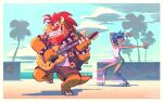  2d_(gorillaz) anthro beach beard blue_hair bottomwear bowser bracelet claws clothed clothing collar duo eyebrows facial_hair floral_print footwear gorillaz guitar hair hi_res horn human jewelry koopa male mammal mario_bros musical_instrument nintendo open_clothing open_shirt open_topwear outside plucked_string_instrument red_hair reptile rollerskates scalie seaside shell shirt shoes shorts socks spiked_bracelet spiked_collar spiked_shell spikes spikes_(anatomy) stellizard string_instrument tank_top topwear video_games 