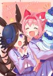  2girls :d ^^^ animal_ears blue_flower blue_headwear blue_rose blush brown_hair cake closed_eyes confetti ear_bow flower food hair_intakes hair_over_one_eye hairband hands_up happy_birthday haru_urara_(umamusume) highres horse_ears horse_tail layer_cake long_hair long_sleeves looking_at_another multiple_girls notice_lines open_mouth pink_hair ponytail purple_eyes purple_shirt purple_skirt rice_shower_(umamusume) rose school_uniform shirt signature skirt smile stiff_tail tail tracen_school_uniform twitter_username umamusume watawatage 