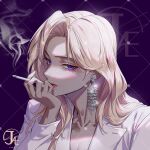  0jae 1girl blonde_hair chinese_commentary cigarette commentary_request earrings holding holding_cigarette jewelry long_hair looking_at_viewer mature_female original purple_eyes smoke smoking solo 