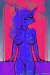  2022 2:3 anthro black_nose blue_body blue_fur blue_hair breasts canid canine canis devo87 digital_drawing_(artwork) digital_media_(artwork) english_text female fox fur genitals hair long_hair looking_down mammal nipples nude pink_eyes presenting presenting_breasts presenting_pussy pussy simple_background solo text whiskers 